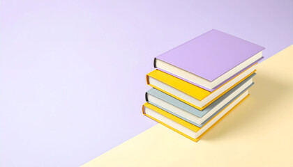 Fototapeta premium Neatly stacked pastel books on clean minimal background, education and creativity concept with soft colors representing learning, calm atmosphere, and modern design.