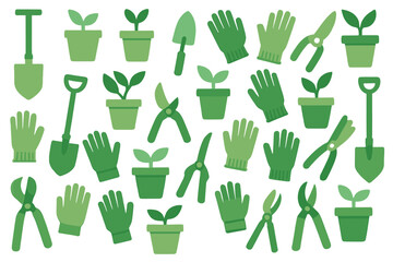 Gardening tools and plants arranged in a creative pattern on a white background