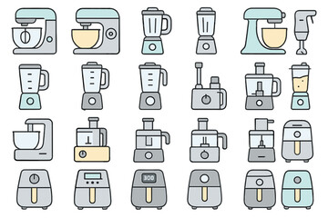 Various kitchen appliances including mixers, blenders, and food processors lined up on a table in a simple arrangement