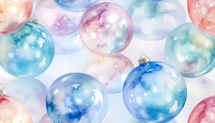 A collection of watercolor Christmas ornaments with a marbled effect in pastel colors.