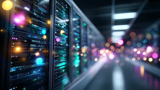 Modern data center with long rows of server racks and colorful LED indicators, technology infrastructure, cloud computing facility, network operations room, defocused equipment dep