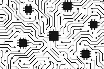 Circuit board design with multiple chips and connecting lines across white surface