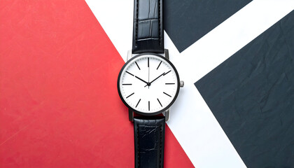 Classic wristwatch on abstract red, black, and white background, strong graphic composition expressing time management, luxury simplicity, and modern branding aesthetics.
