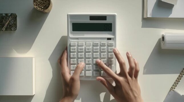 Person calculating on white calculator at modern office desk