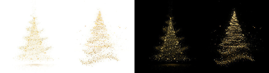 PNG image of Four distinct artistic representations of a shimmering golden particle christmas tree formation against a stark on transparent background