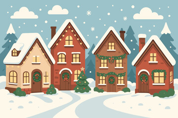 Winter scene with houses, snow, and decorations set in a neighborhood during daylight