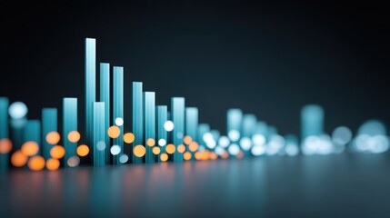 Abstract visualization of data with glowing bars and dots representing trends and statistics in a digital space, suitable for technology and finance themes