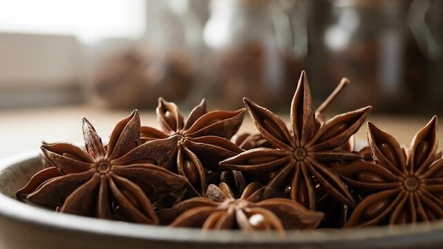 Close-up of Star Anise Spices in a White Bowl