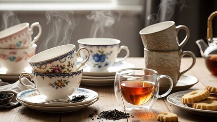 Cozy afternoon tea setting with diverse porcelain cups, loose tea leaves, and biscuits on wooden table.