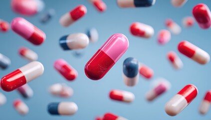 Pills and capsules are falling through the air against a blue backdrop. The scene shows different shapes and colors of tablets in motion, capturing a moment of medical imagery