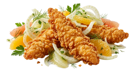 Tender fried chicken strips aligned with a citrus-infused fennel salad.