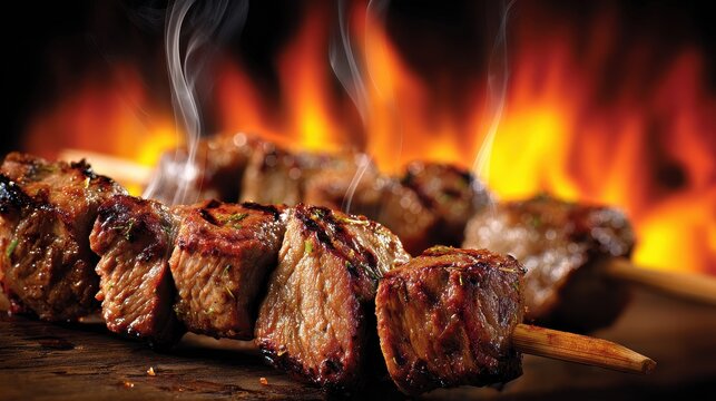 Several grilled beef skewers cooking over a smoky, vibrant fire - Powered by Adobe