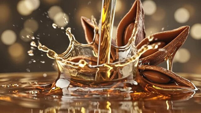 Close-up of star anise with flowing liquid in three stages