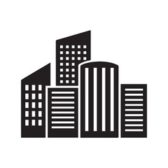 Obraz premium Vector city building icon featuring a modern urban skyline with skyscrapers and office blocks in a flat black and white silhouette style, isolated on white background. 