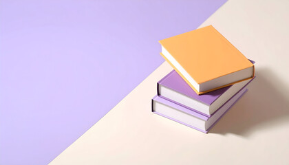 A neat stack of hardcover books in soft pastel tones on a geometric background, conveying calm, creativity, and a modern lifestyle or education concept.
