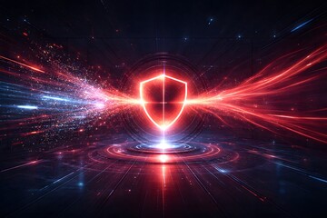 Abstract glowing light bulb with magical energy waves and futuristic digital firewall interface actively