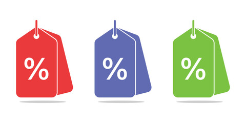 Flat Design Double Discount Tag Vector Icons: Red, Blue, Green Percentage Labels for Sale, Promotion, and E-commerce