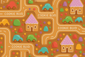 Colorful candy road with houses and cars made of cookies and sweets in a playful layout