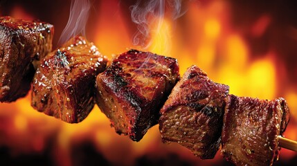 Grilled beef skewers cooking over an open fire, close-up