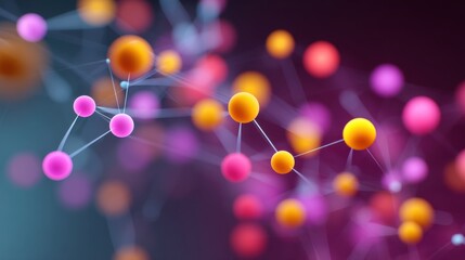 Colorful abstract background depicting molecular structures, colorful spheres representing atoms in a network with connected lines and depth for science visuals