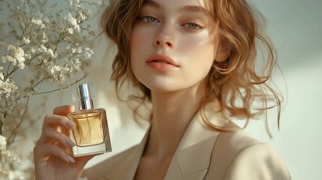 Elegant woman with light brown hair holds a perfume bottle near delicate white flowers