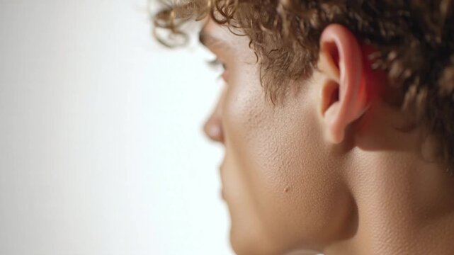 Close-up side view of a young male model focusing on ear and facial skin. Minimal men skincare and beauty concept with clean natural lighting.