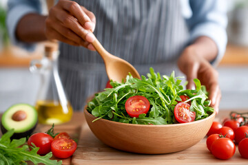 Fresh salad preparation with vibrant vegetables in a cozy kitchen setting Generative AI