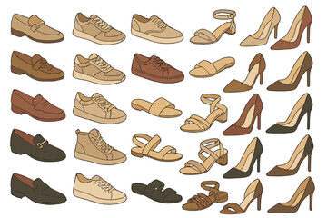 Fototapeta premium Many styles of shoes arranged in a grid showing different designs and colors for various occasions
