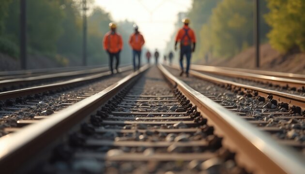 Workers in hard hats and vests walk on train tracks. Group travels on railway lines during daytime. Team works on industrial site, maintaining railroad infrastructure for safe travel.