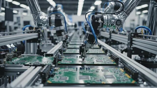 Automated Robotic Arms Assembling Circuit Boards on a Conveyor Belt in a Modern Technology Factory with Bright Industrial Lighting