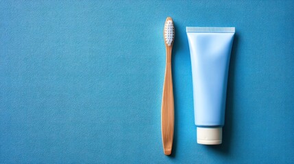 Blue toothpaste and bamboo toothbrush