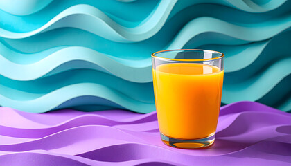 Glass of orange juice against layered abstract wave patterns in teal and purple tones, combining refreshment, depth, and modern visual harmony.