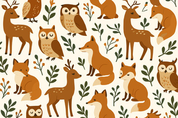 Fototapeta premium Animals in a woodland theme with foxes, deer, and owls among plants on a light background