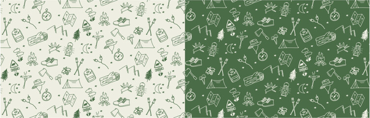 doodle camping seamless pattern background in the forest hiking hand drawing