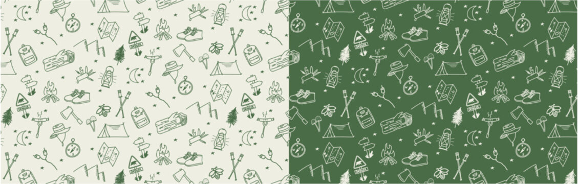 doodle camping seamless pattern background in the forest hiking hand drawing