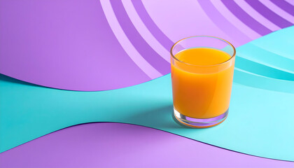 Glass of fresh orange juice on flowing purple and turquoise shapes, expressing freshness, energy, and modern abstract beverage presentation.