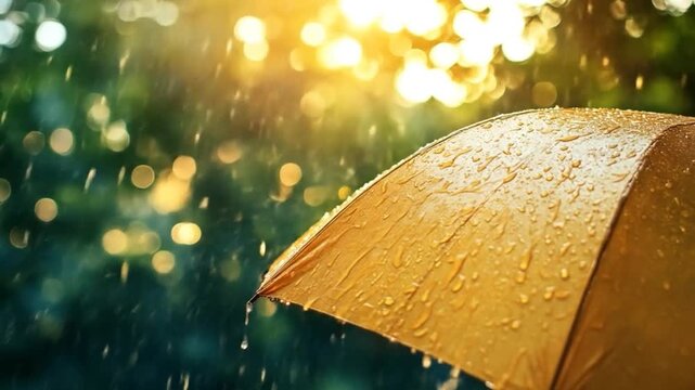 Close-up of a yellow umbrella with raindrops in warm sunlight and bokeh