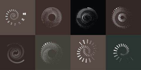 Circular spiral lines element set .Rotate textured vector shapes .Rotating dots form a circle .Rotating and linear design element . Various lines forming round shape . Abstract Geometric line art 