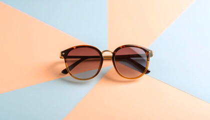 Retro-inspired sunglasses displayed on a radial pastel background, creating a dynamic, stylish, and colorful fashion still life.
