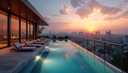 Naklejka premium Rooftop infinity pool reflects warm sunset sky over city skyline. Modern luxury lounge chairs await guests on deck. Penthouse apartment offers expansive urban view, calm water.