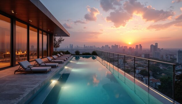 Rooftop infinity pool reflects warm sunset sky over city skyline. Modern luxury lounge chairs await guests on deck. Penthouse apartment offers expansive urban view, calm water.