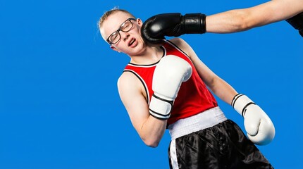 Young male boxer with glasses getting punched in face on blue background