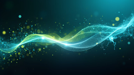 Background with glowing light blue and green lines, particles of data flowing in the air, abstract digital technology network, futuristic data visualization, motion energy concept