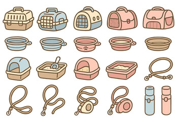 Collection of pet accessories in various forms and colors for transportation and feeding arranged on a plain background