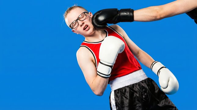 Young male boxer with glasses getting punched in face on blue background