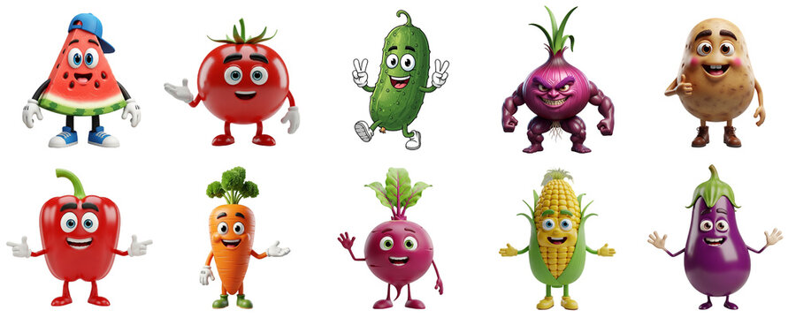 Cute 3D Cartoon Vegetable and Fruit Characters with Happy Faces and Poses Collection