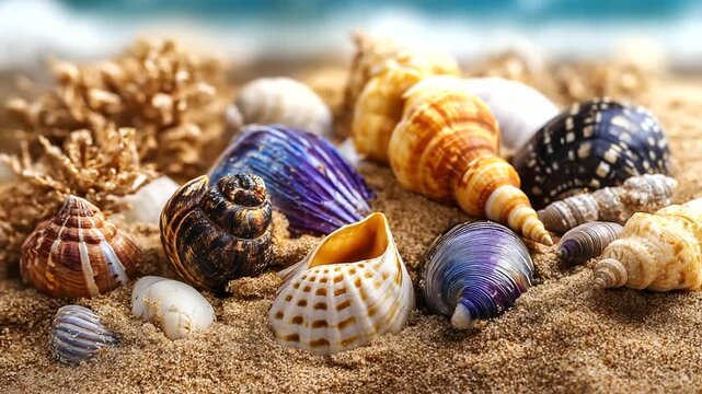 Assorted seashells partially buried in sand on beach, beachcombing treasures, coastal textures and patterns, ocean finds collection, natural seaside elements, with copy space