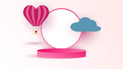 3D pink podium for product display with heart-shaped hot air balloon, envelope, blue cloud, and circular frame. Romantic paper-cut style background for Valentine's Day, love concept, and wedding invit