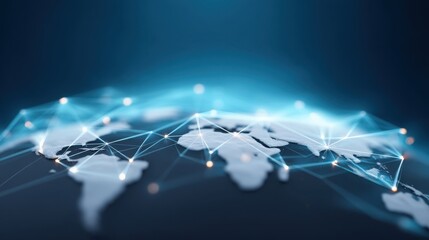 Global Network Connection with Digital Lines Representing Data Flow Across Continents on Earth with Blue Background and Illuminated Dots