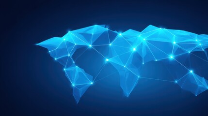 Abstract digital world map with glowing lines and nodes representing global connectivity and technology advancements in a blue background